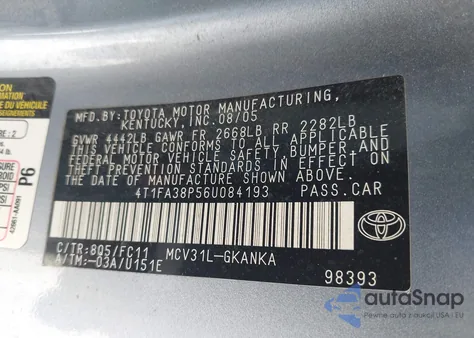 2006 Toyota Camry Solara Se z USA, uszkodzony, nr VIN 4T1FA38P56U084193